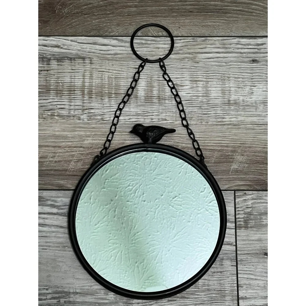 Decorative Hanging Round Mirror With Black Bird Accent